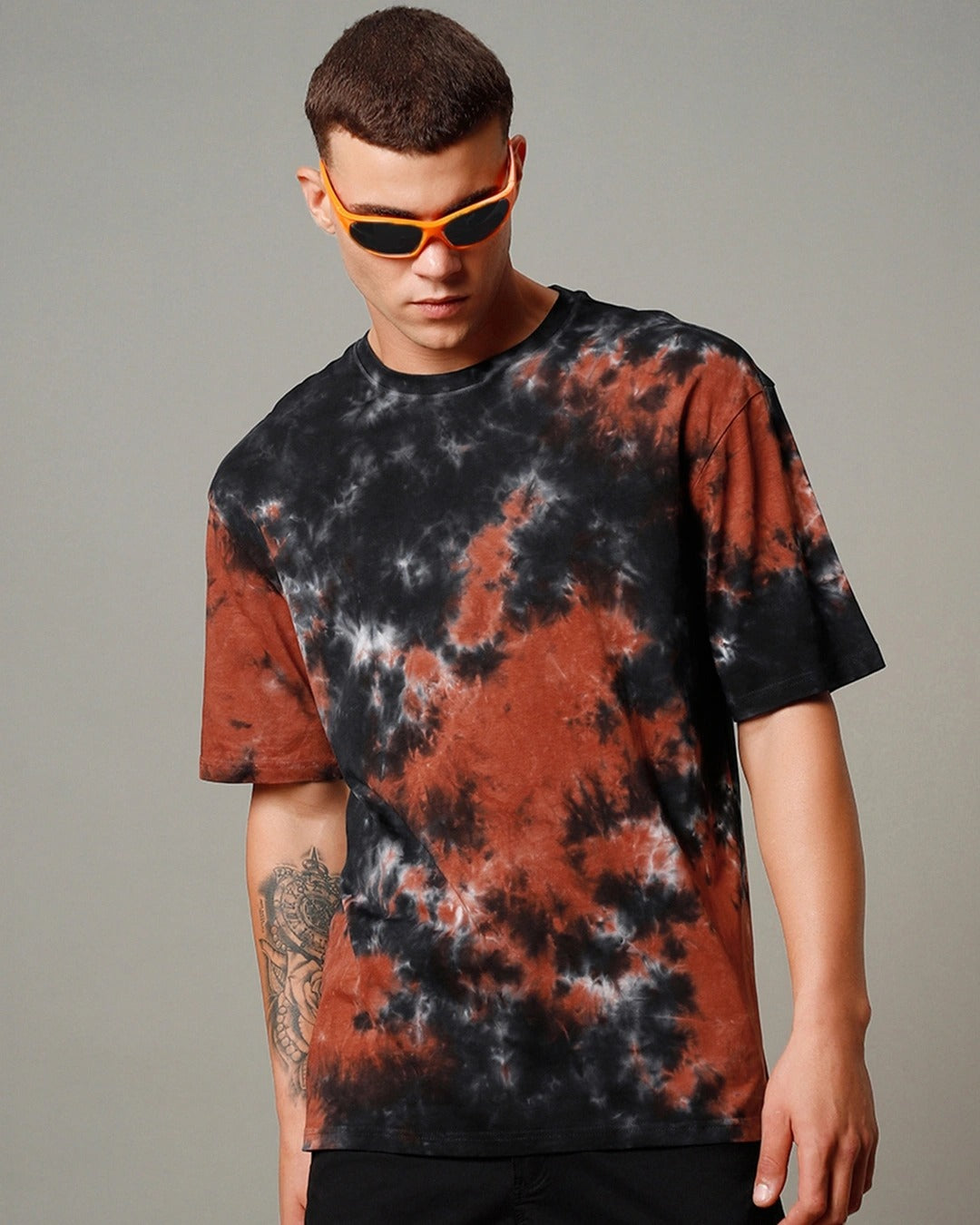 Clottie Men's Black & Orange Tie-Dye Oversized T-Shirt – Premium Streetwear Tee