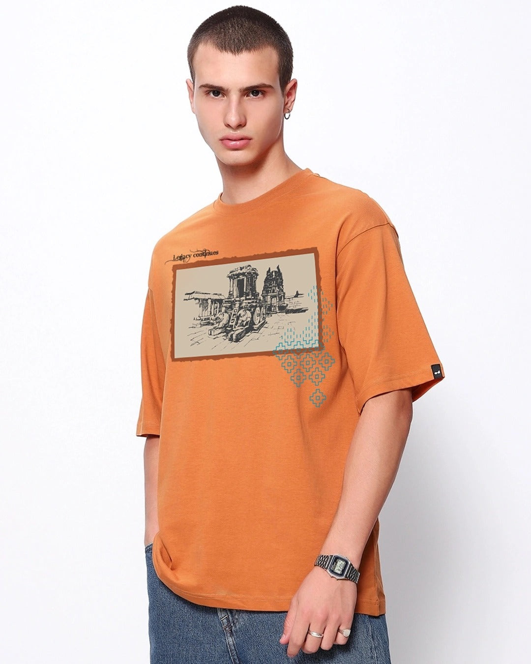 Clottie Men's Caramel Orange Legacy Graphic Printed Oversized T-Shirt