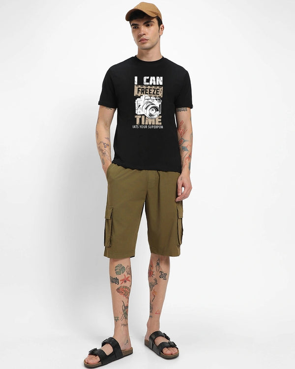Clottie Men's Jet Black Freeze Time Graphic Printed T-Shirt