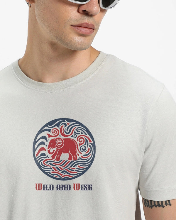 Clottie Men's Oyster Mushroom Grey Wild and Wise Elephant Graphic Printed T-Shirt