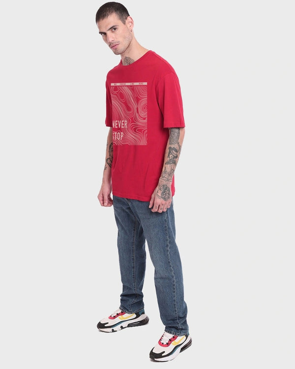 Clottie Men's Bold Red Never Stop Graphic Printed Oversized T-Shirt