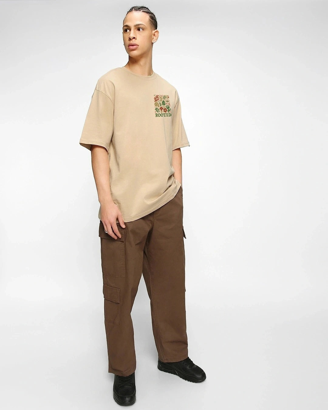 Clottie Men's Ginger Root Brown Rooted Graphic Printed Oversized T-Shirt