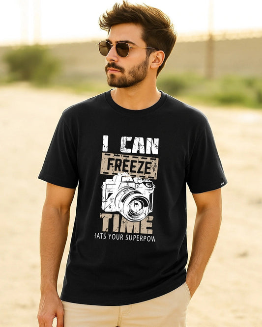 Clottie Men's Jet Black Freeze Time Graphic Printed T-Shirt